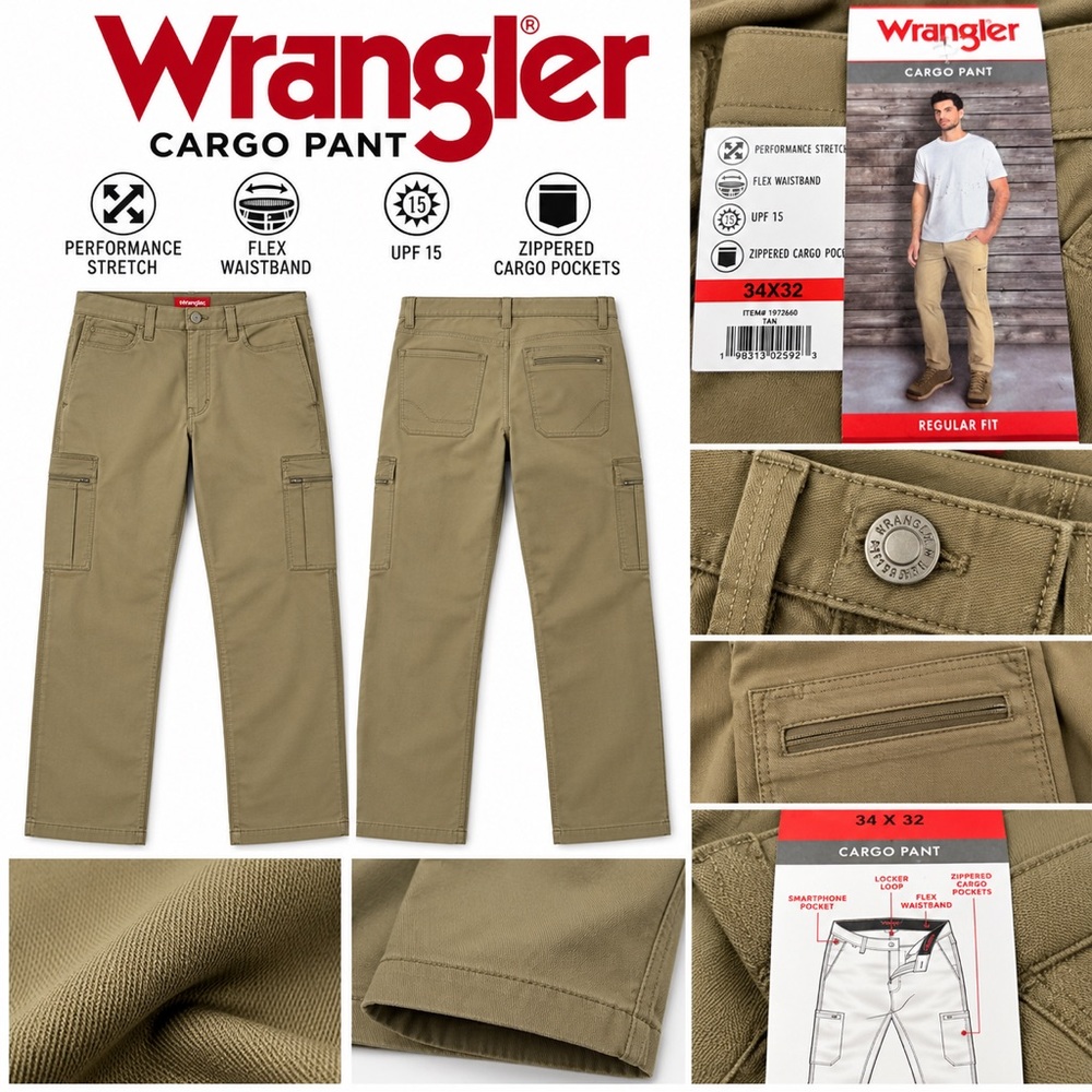 Wrangler Men's Tan Cargo Pants - Performance Stretch 34 x 30